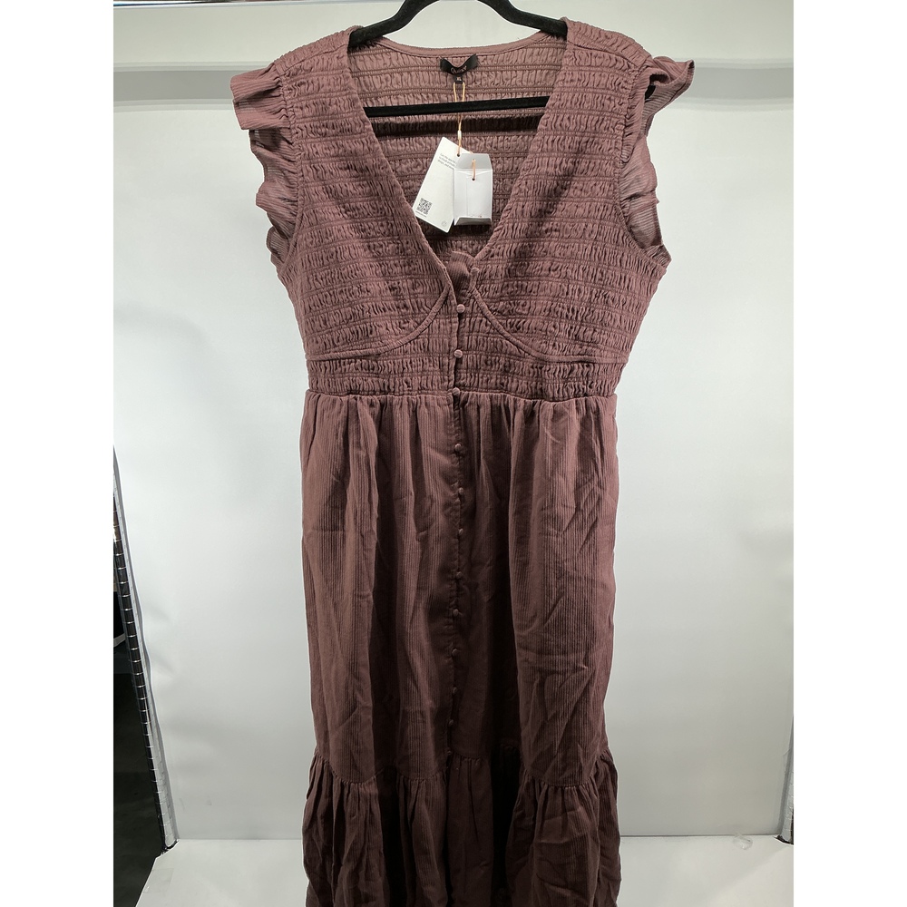 Organic Textured Cotton Smocked V-Neck Midi Dress